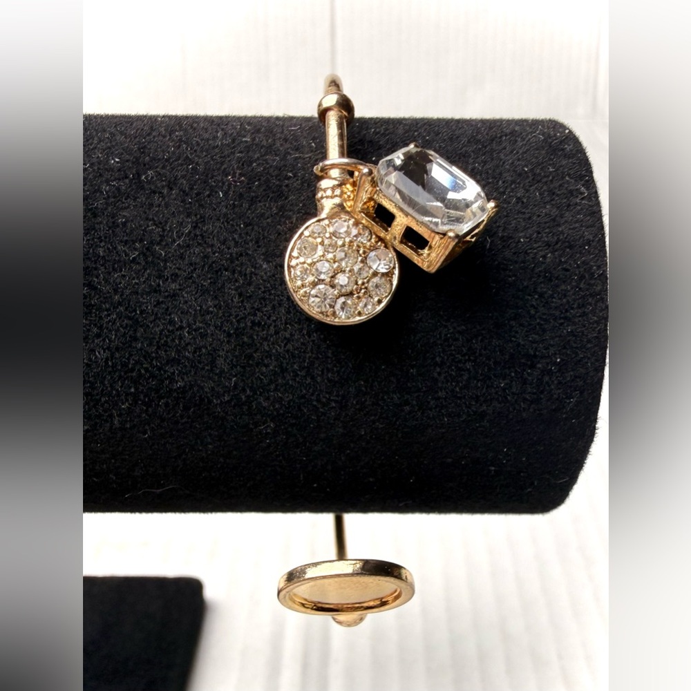 Rhinestone Dangle Charm Cuff Bracelet Gold Tone Emerald Cut Glass Crystal CUTE!!